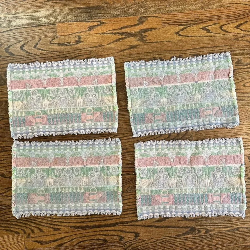 Vintage Placemats Woven Tapestry Easter Bunny Spring set of 4 tea party decor